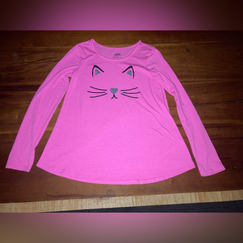 Justice Girls' Pink Cat Face Long Sleeve Top